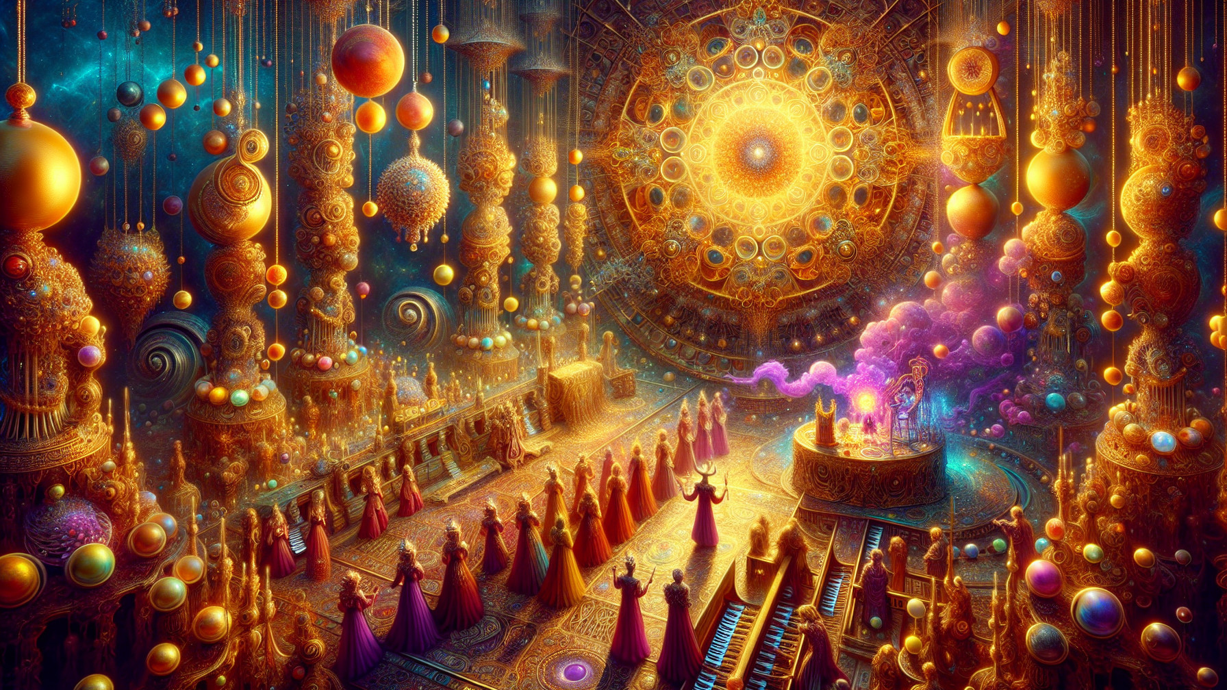 Fantastical Gathering in a Magical Hall of Light