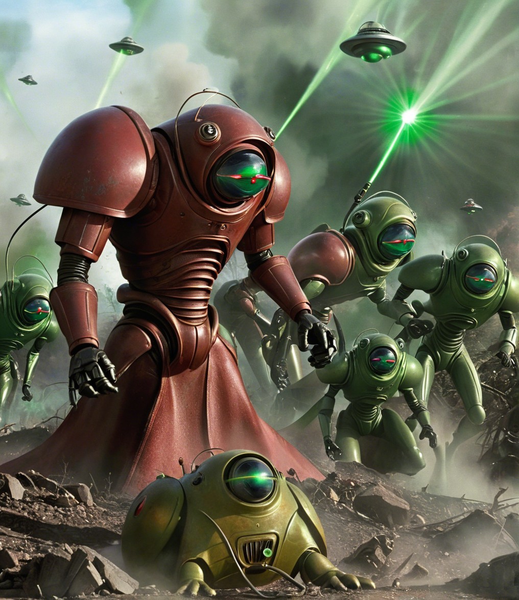 Futuristic Robots in Action Amidst Tumultuous Landscape