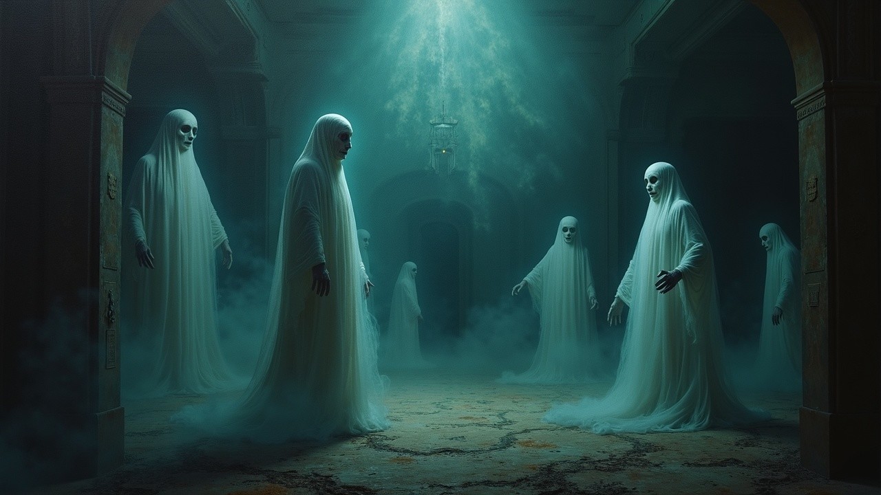 Ethereal Figures in a Dimly Lit Atmospheric Chamber