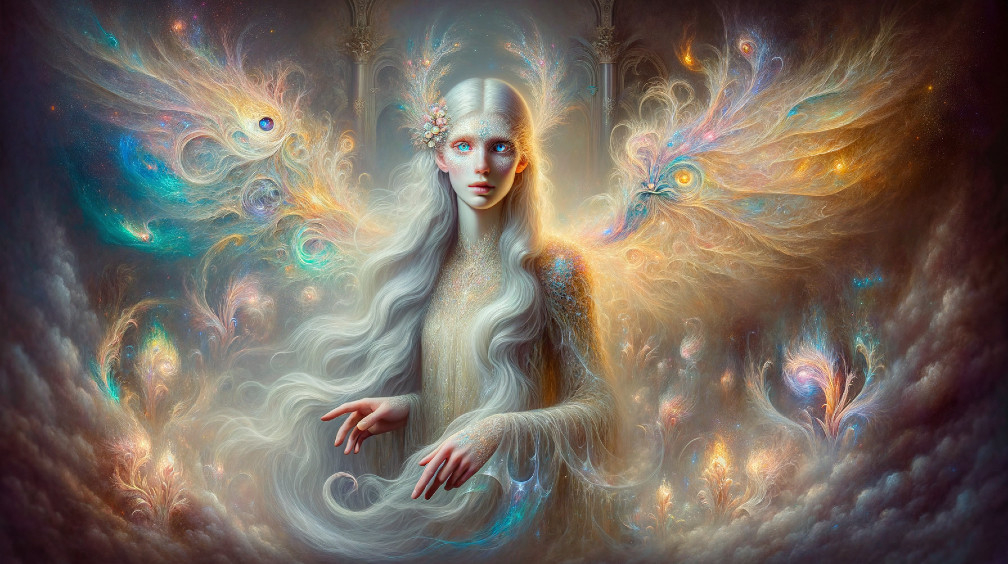 Ethereal figure with silver hair and luminescent patterns