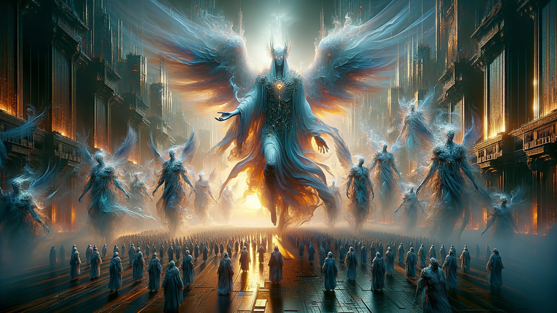 Majestic Angelic Figures in Ethereal Gathering Scene