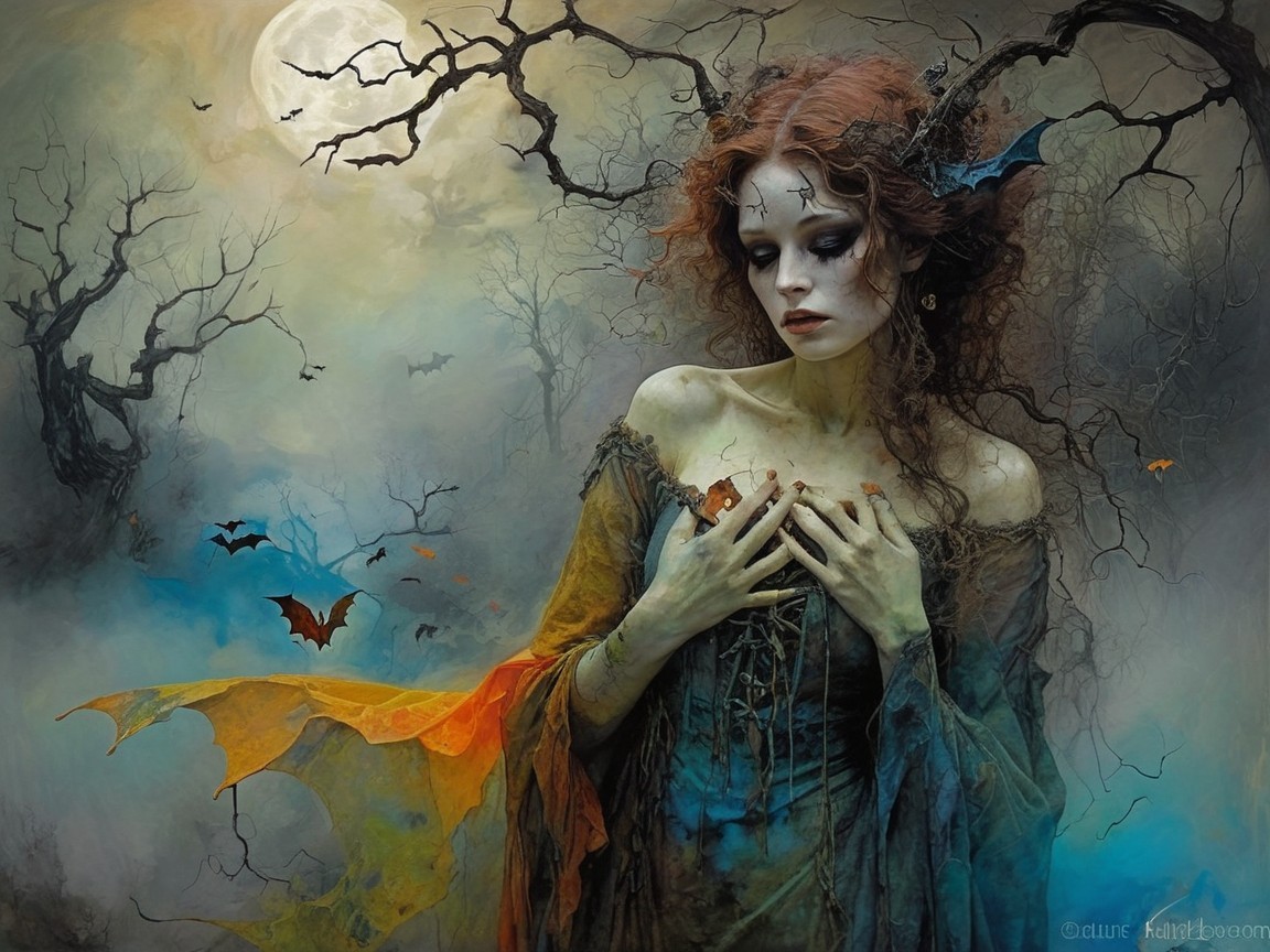 Mysterious Woman in Eerie Landscape with Moon and Bats