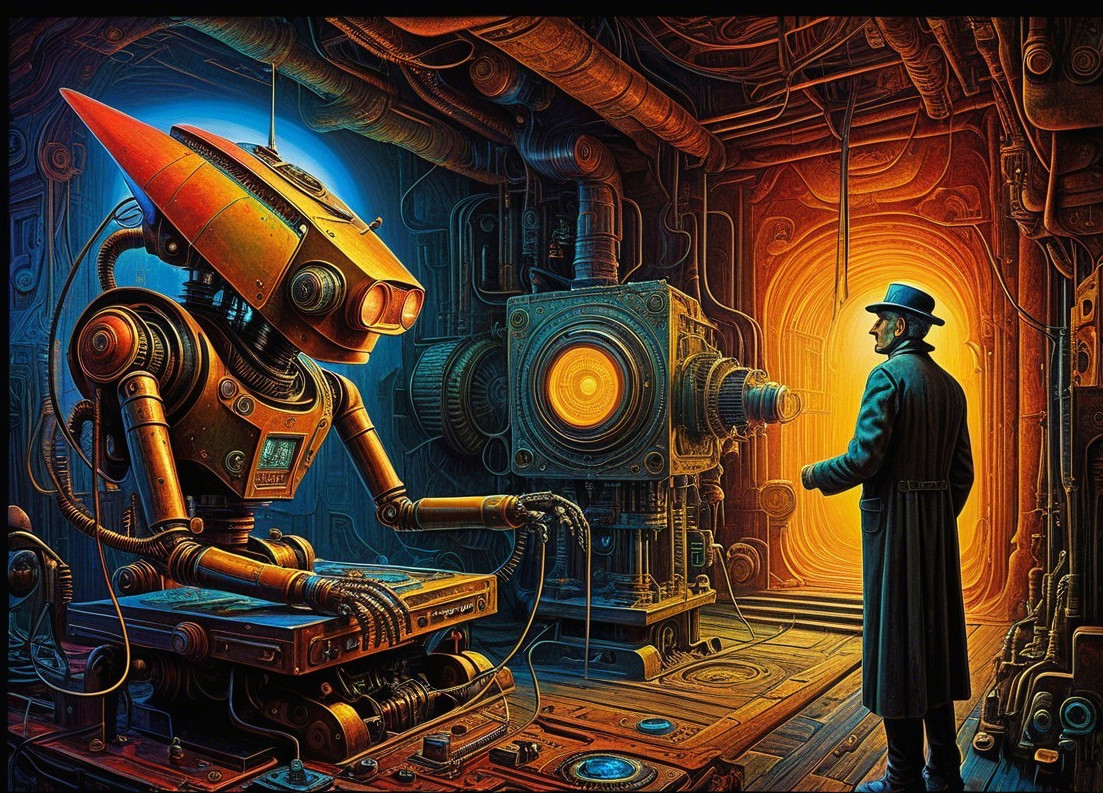 Steampunk Workshop with Humanoid Robot and Machinery