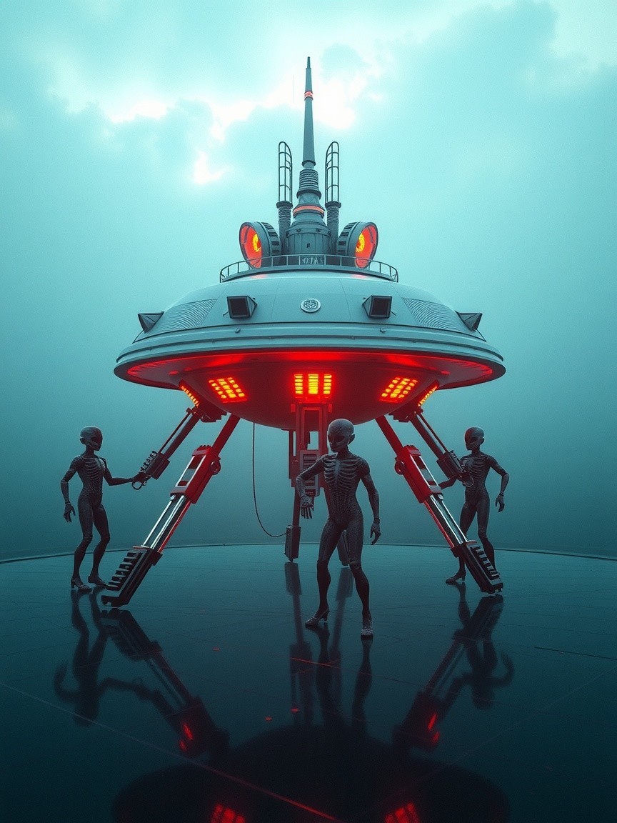 Futuristic Scene with Saucer-Shaped Spaceship and Aliens