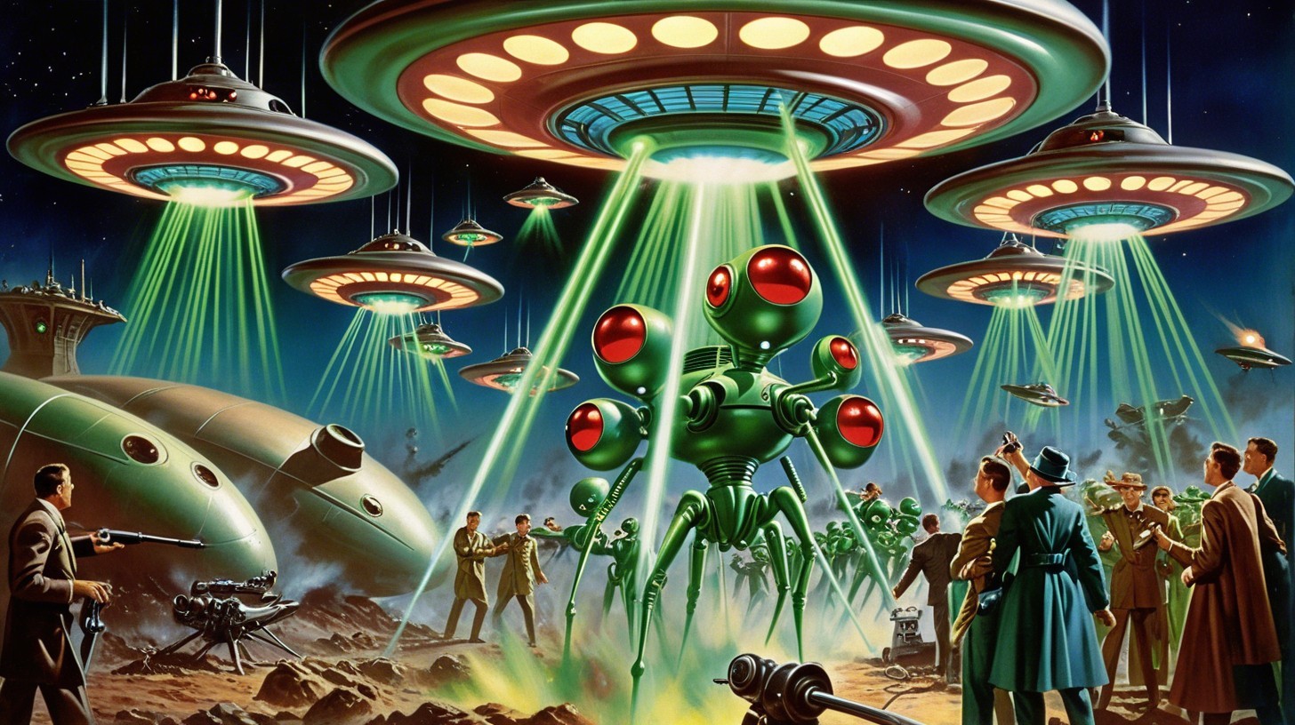 Flying saucers and alien encounter in barren landscape