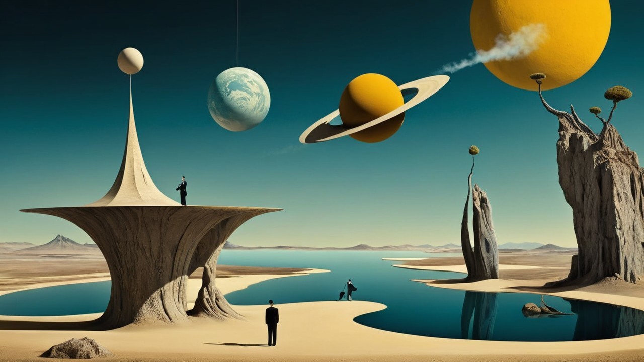 Surreal Landscape with Rock Formations and Mirrored Lake