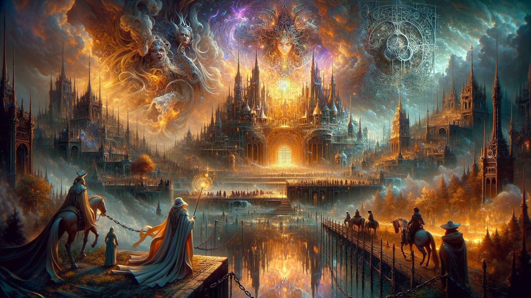 Majestic castle with vibrant sky and mystical symbols