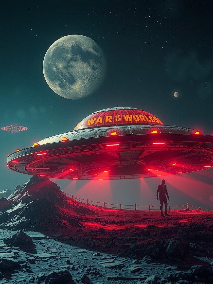 Futuristic spacecraft over rugged lunar landscape at night