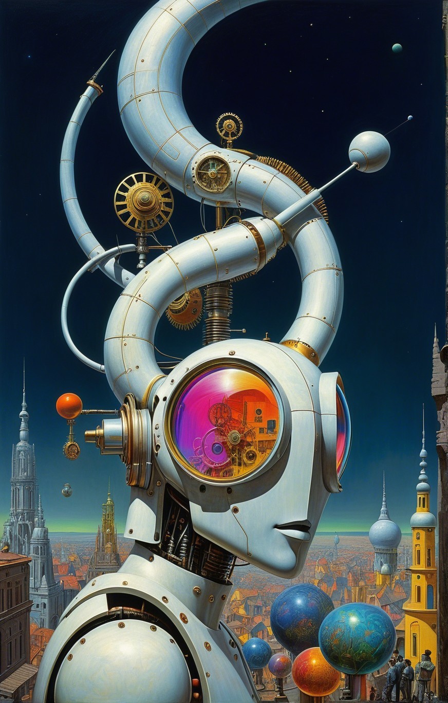 Futuristic Robot in Imaginative Cityscape at Night