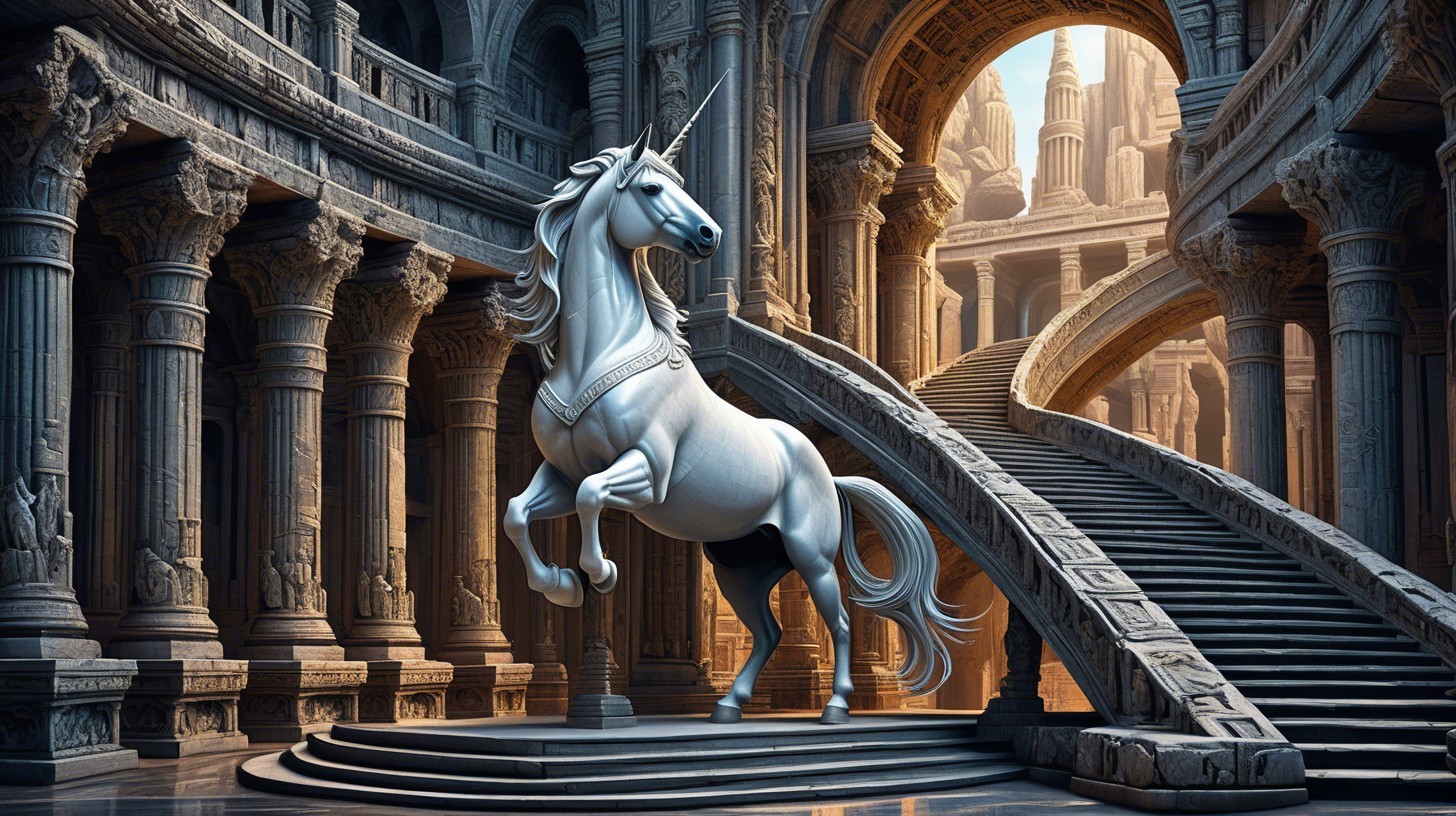 Majestic Unicorn on Spiral Staircase in Ancient Hall