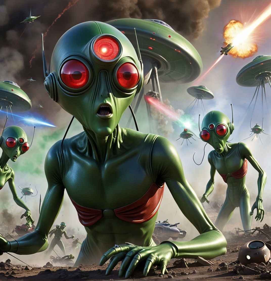 Alien Beings in Chaotic Battlefield Scene with Sci-Fi Elements