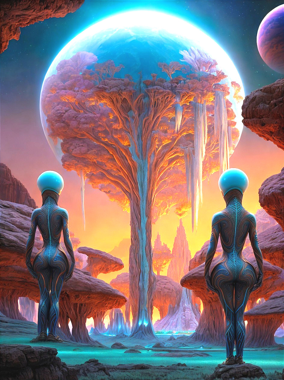 Surreal Landscape with Futuristic Figures and Luminous Tree