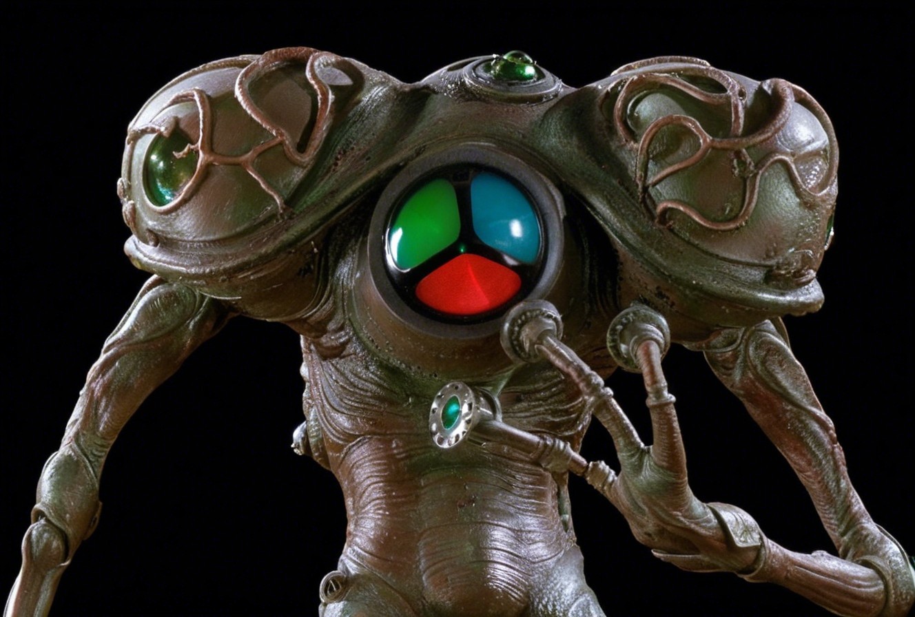 Fantastical alien creature with bulbous head and gems
