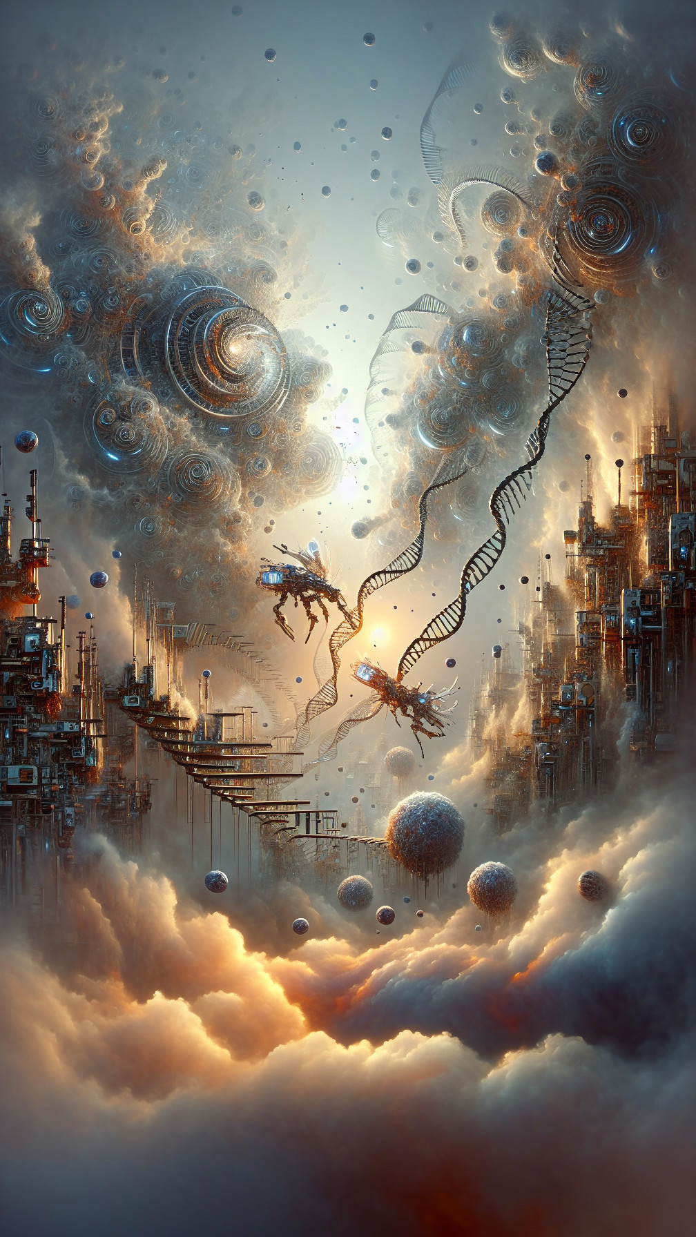 Surreal Landscape with Futuristic Architecture and Figures