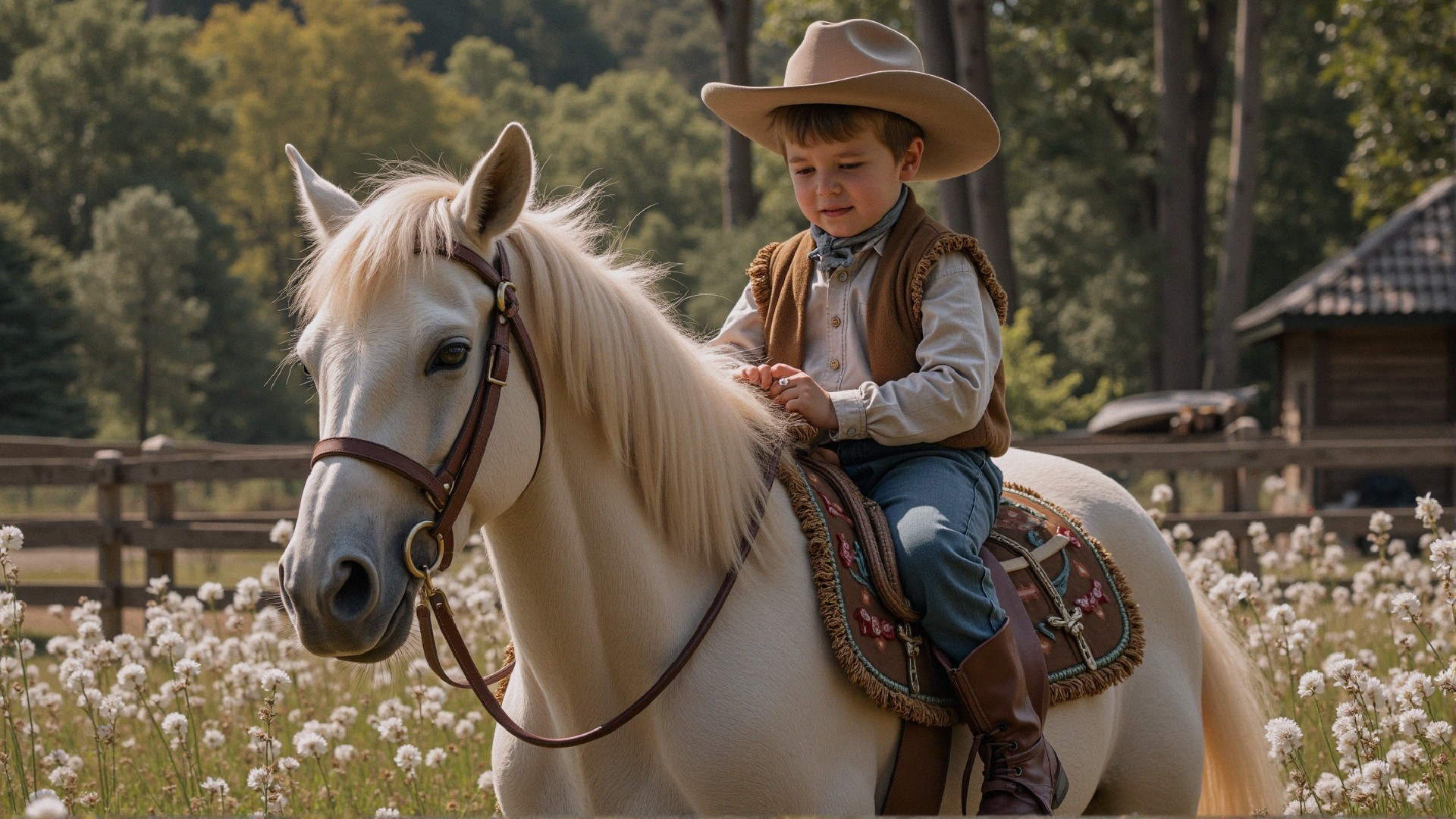 Young Boy on Pony in Rustic Farm Setting
