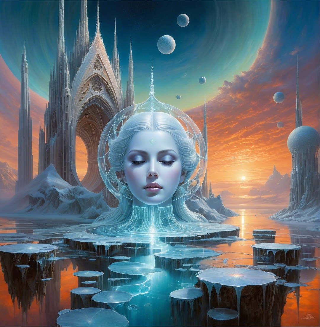 Translucent Female Head in Ethereal Icy Landscape