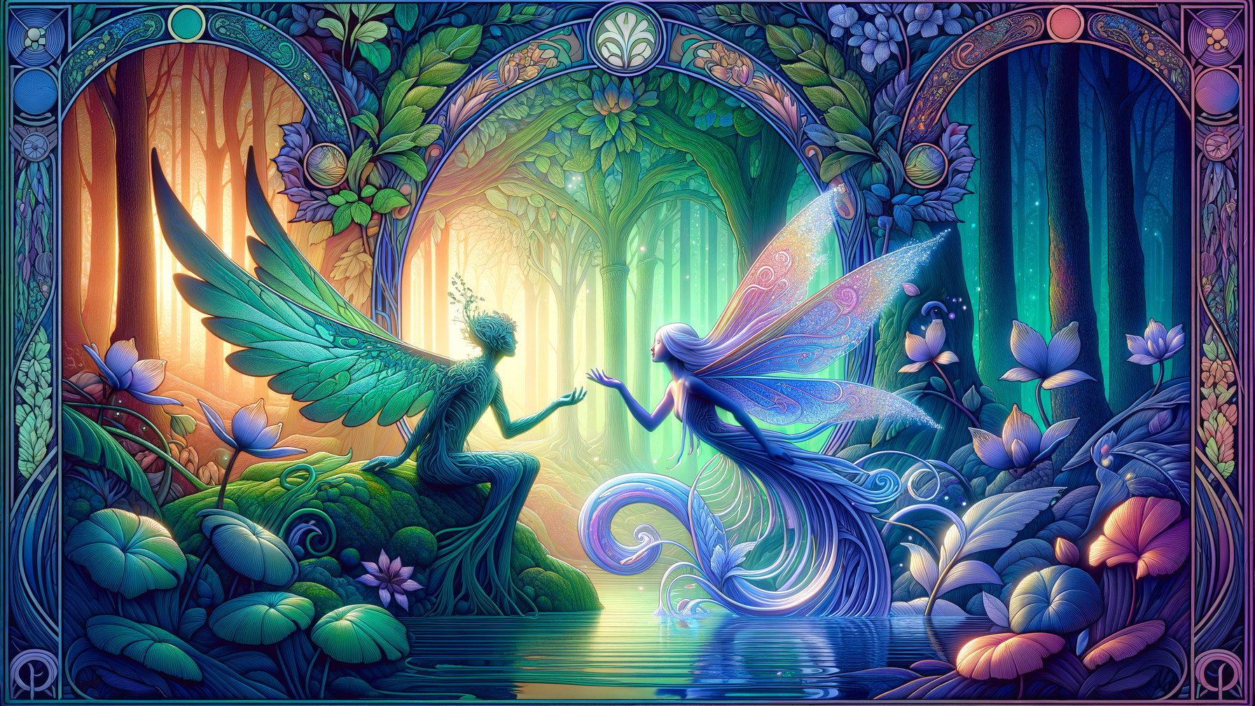 Ethereal Forest Scene with Wings and Mystical Light
