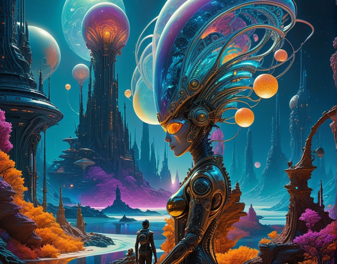 Alien Woman in Multicolored Headdress by Cyberpunk City