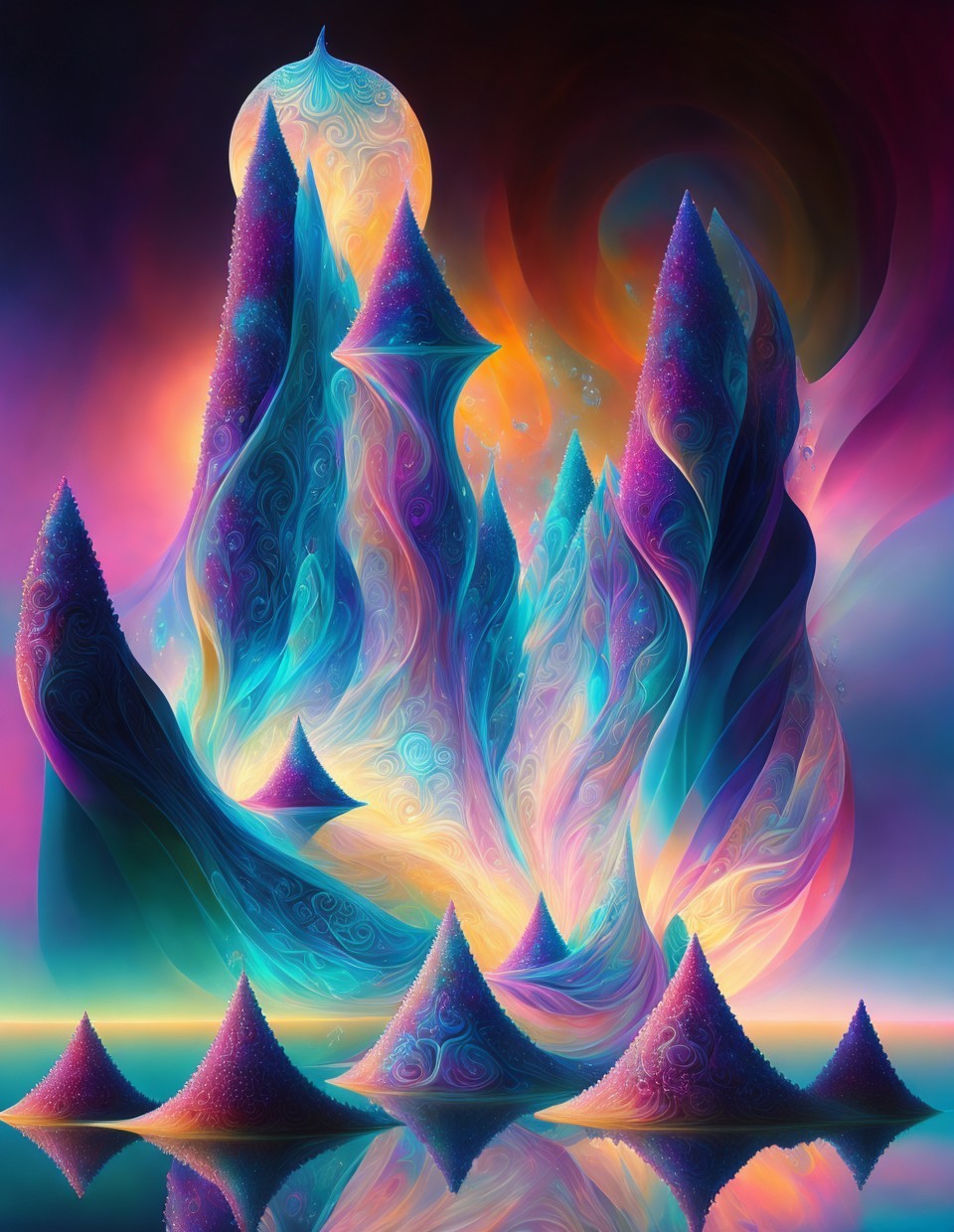 Surreal Landscape with Abstract Peaks and Glowing Orb