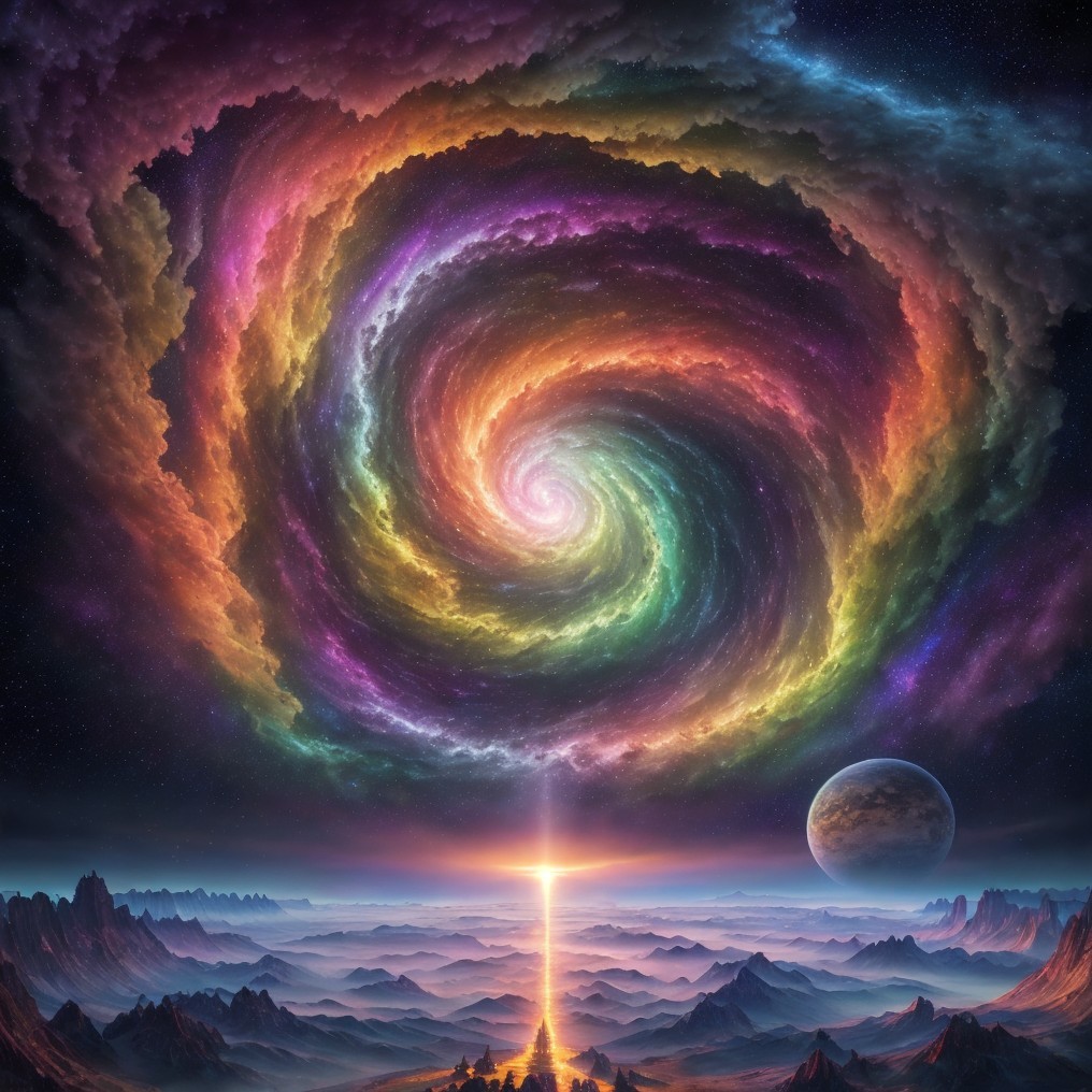 Vibrant Galaxy with Cross and Distant Planet Scene