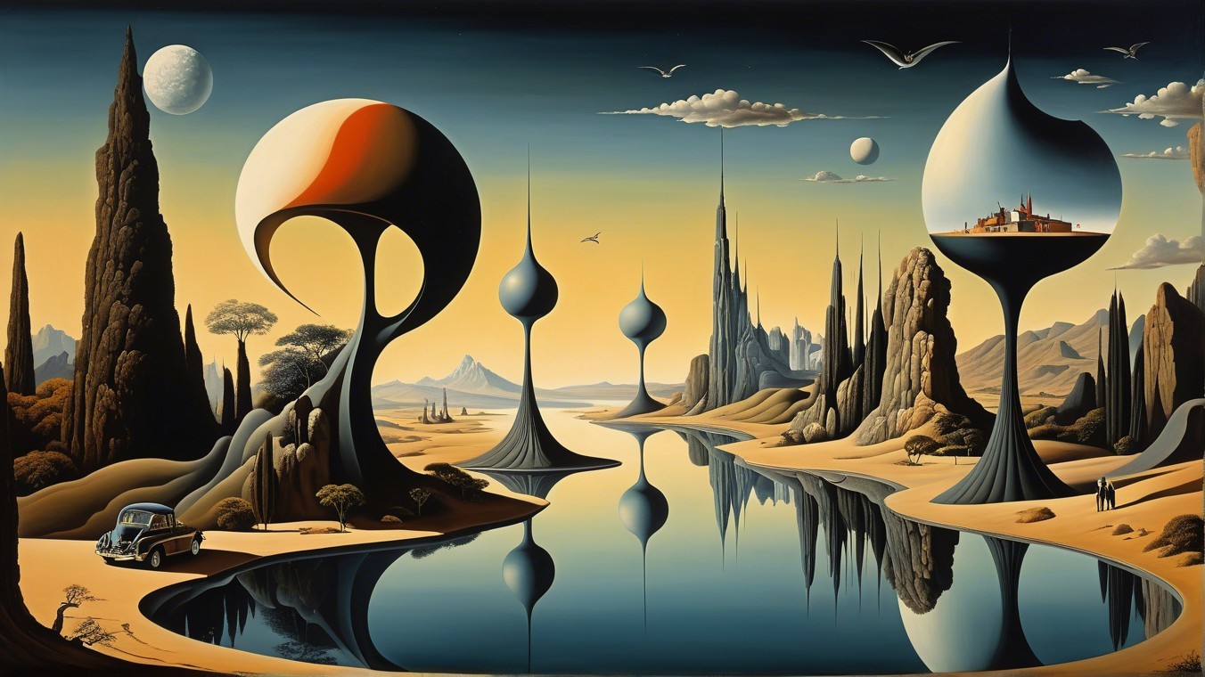 Surreal Landscape with Mushroom Sculptures and River