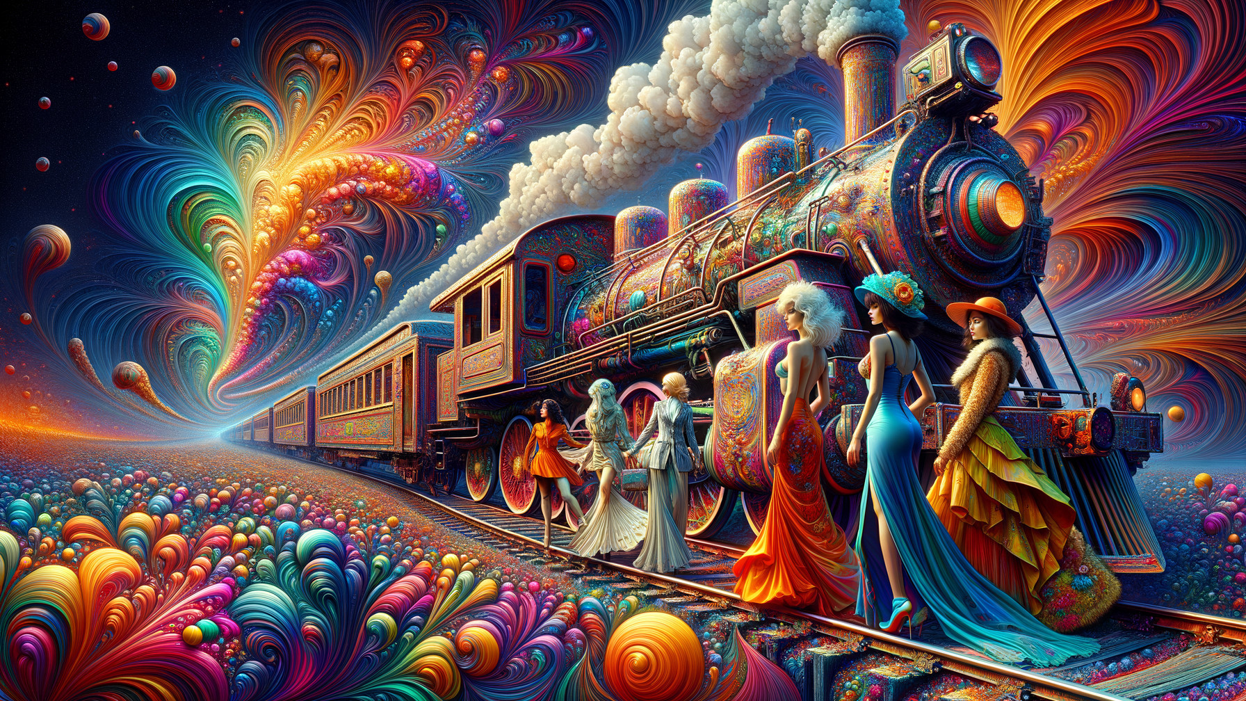 Surreal Steam Train Scene with Colorful Figures