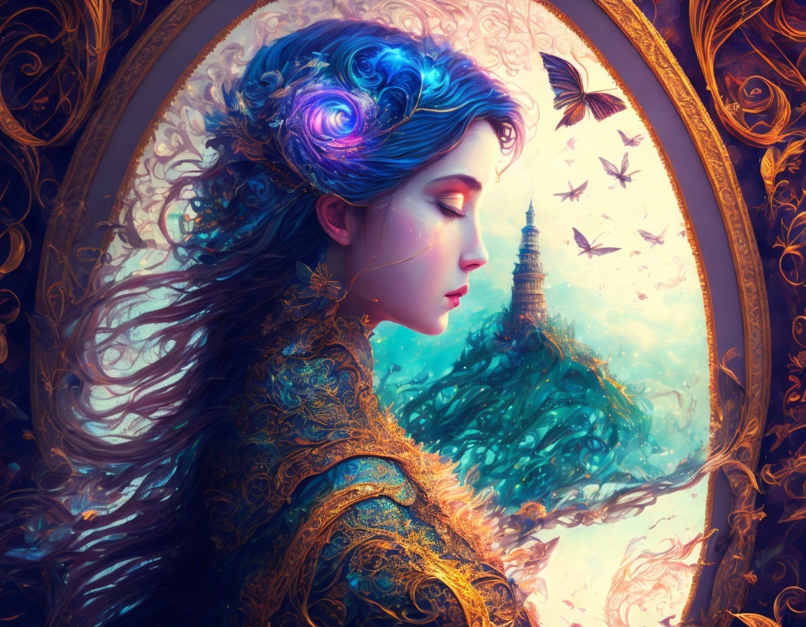 Serene Woman with Cosmic Elements and Mystical Tower