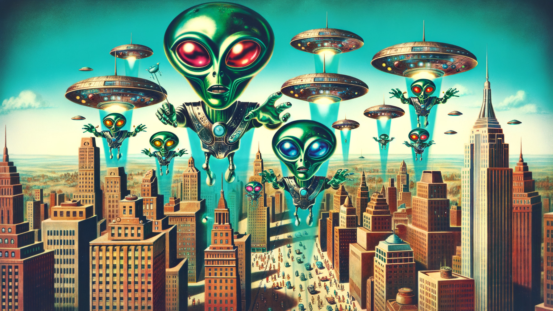 Futuristic Cityscape with Aliens and Flying Saucers