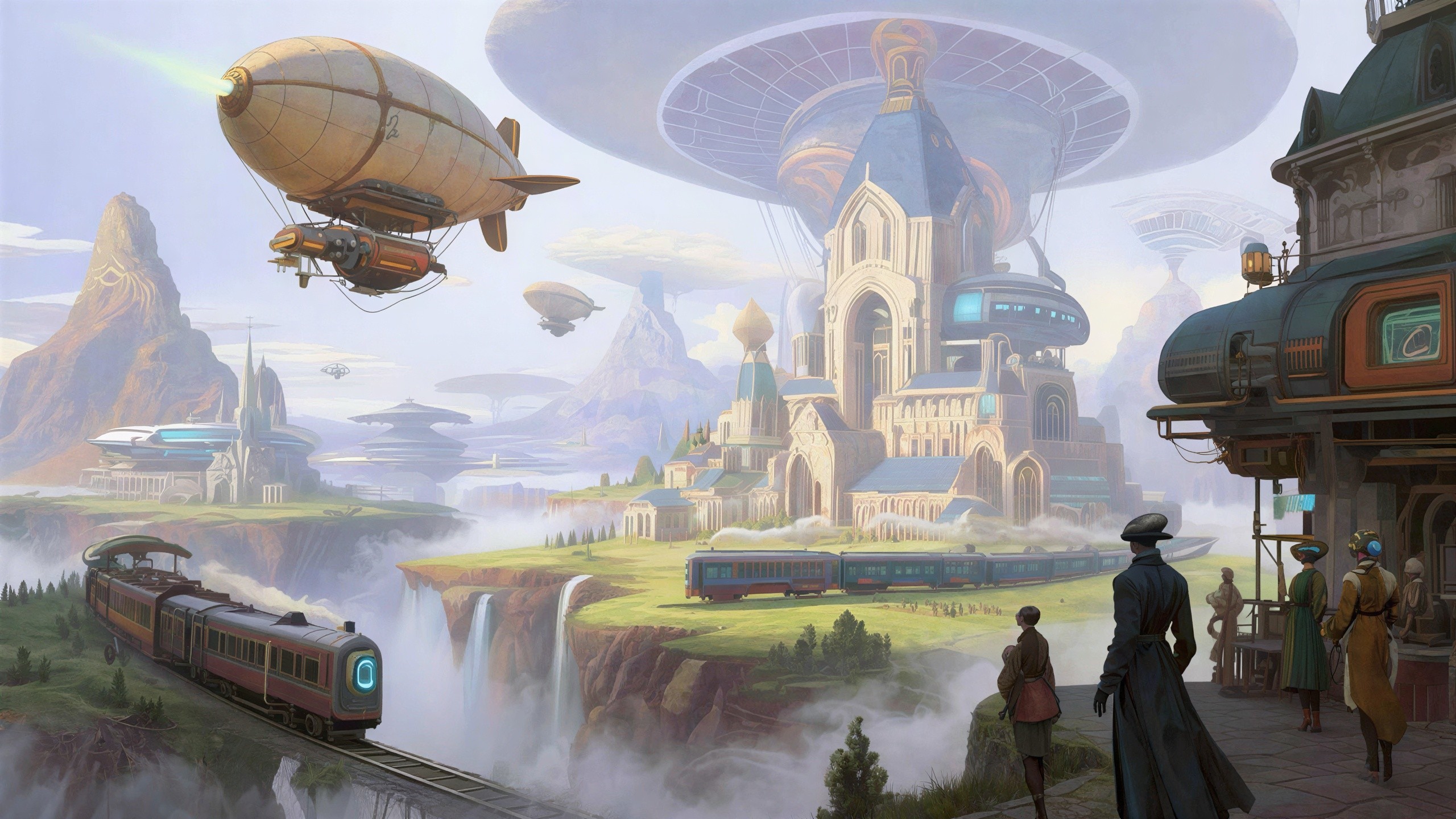 Elevated Fantasy Town with Victorian Cityscape and Trains