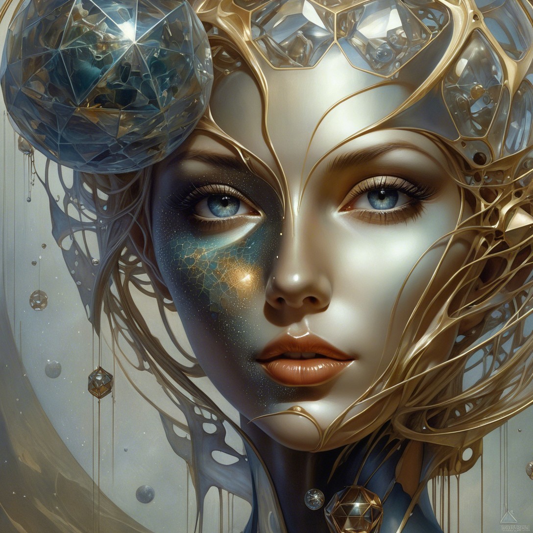 Ethereal Figure with Golden Patterns and Geometric Shapes
