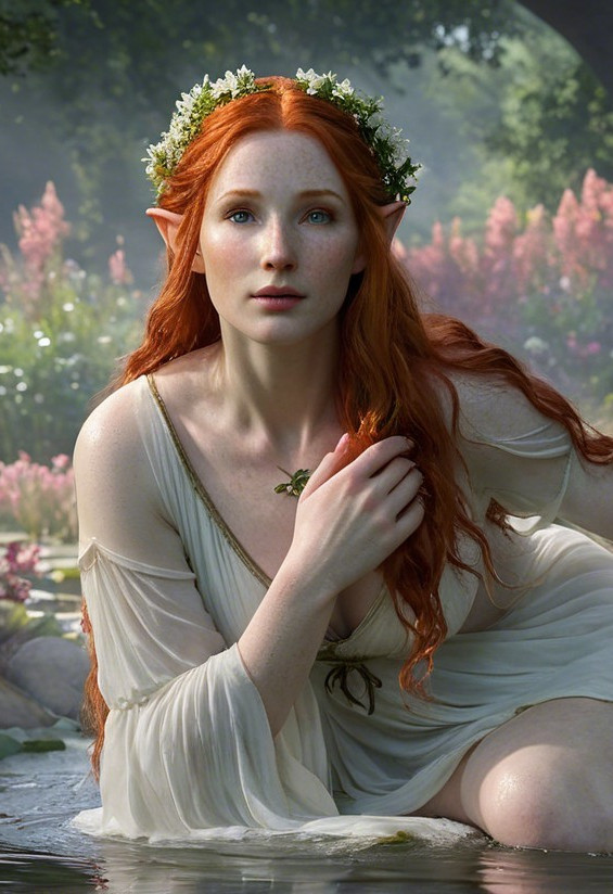 Mystical figure with red hair in serene pond setting