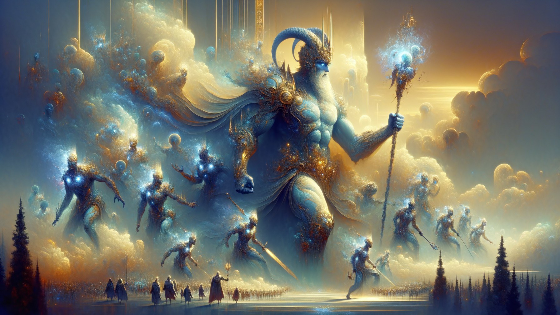 Majestic Figure with Horns and Ethereal Spirits