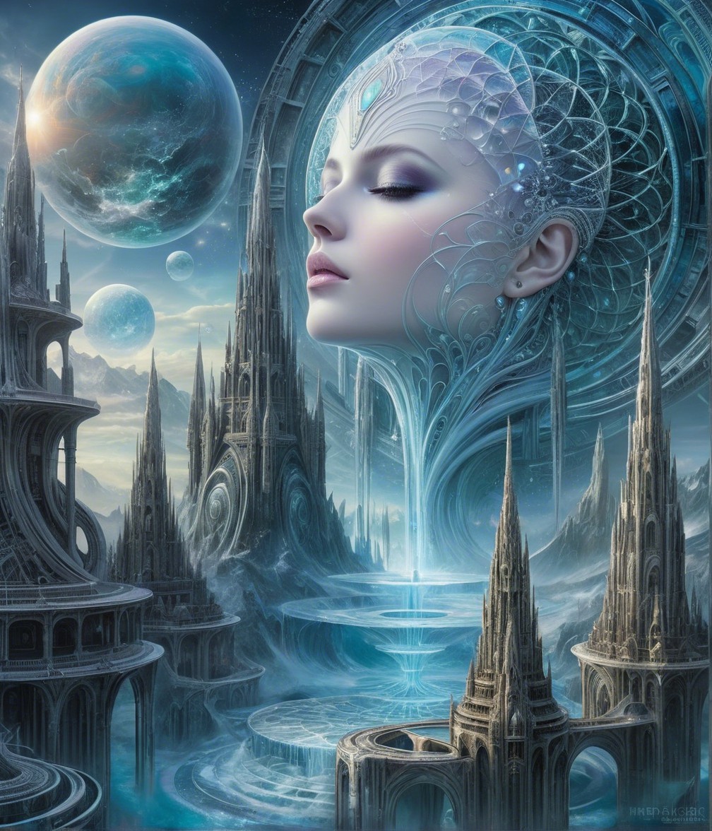Futuristic Figure in Cosmic Cityscape with Celestial Elements