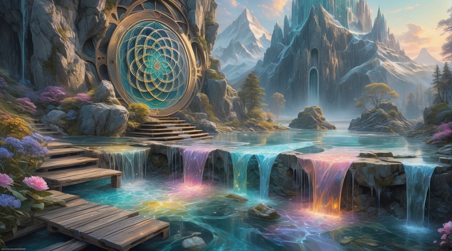 Serene Fantasy Landscape with Vibrant Portal and Waterfalls