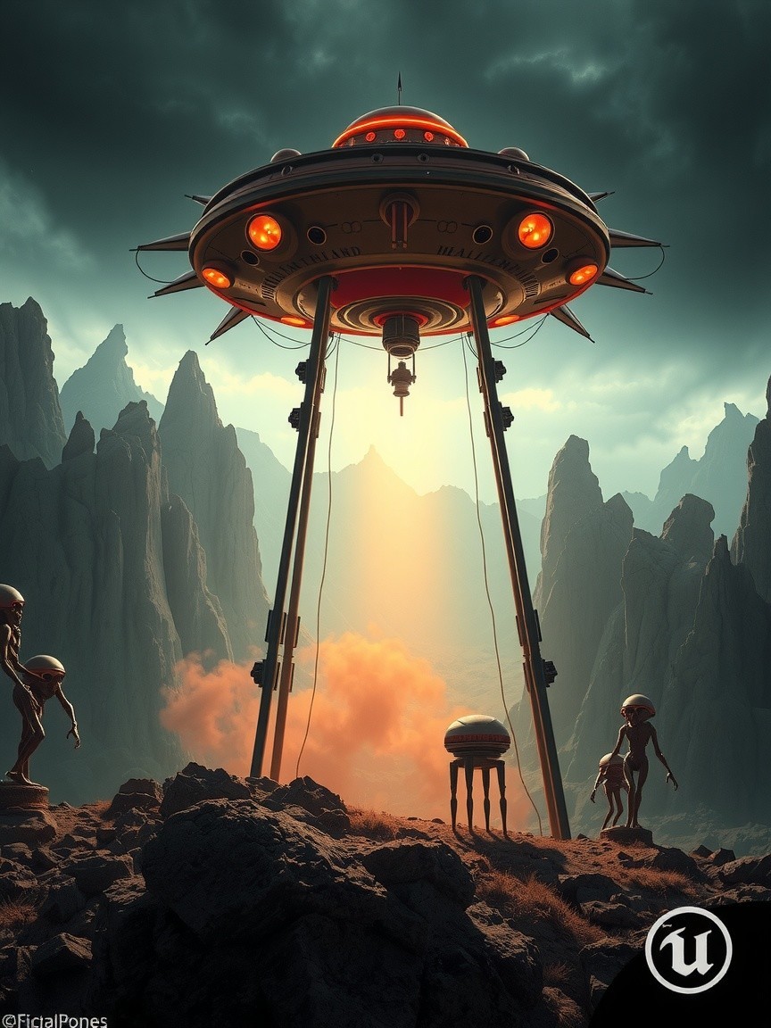 Futuristic landscape with a flying saucer and aliens