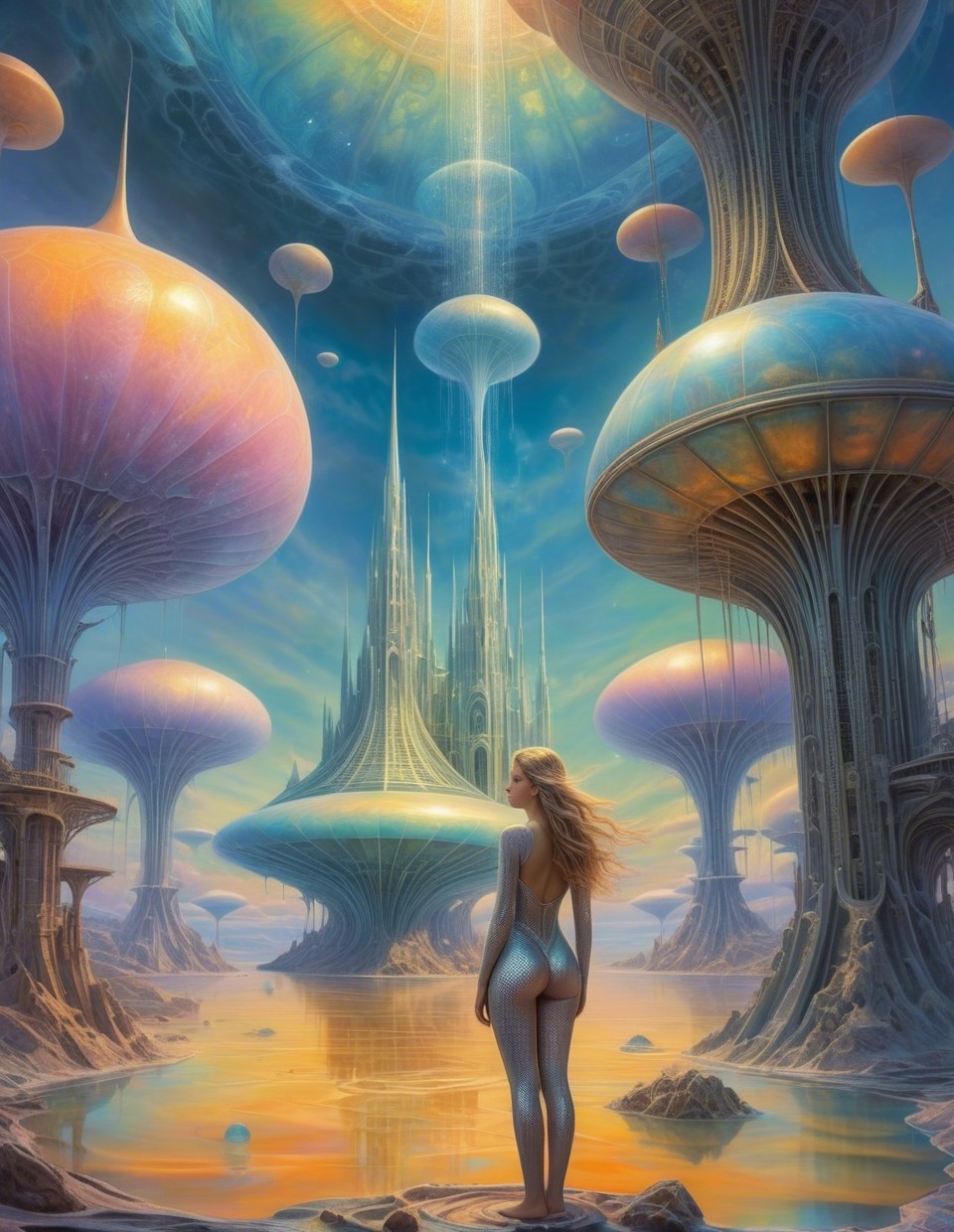 Surreal Landscape with Woman and Colorful Mushrooms
