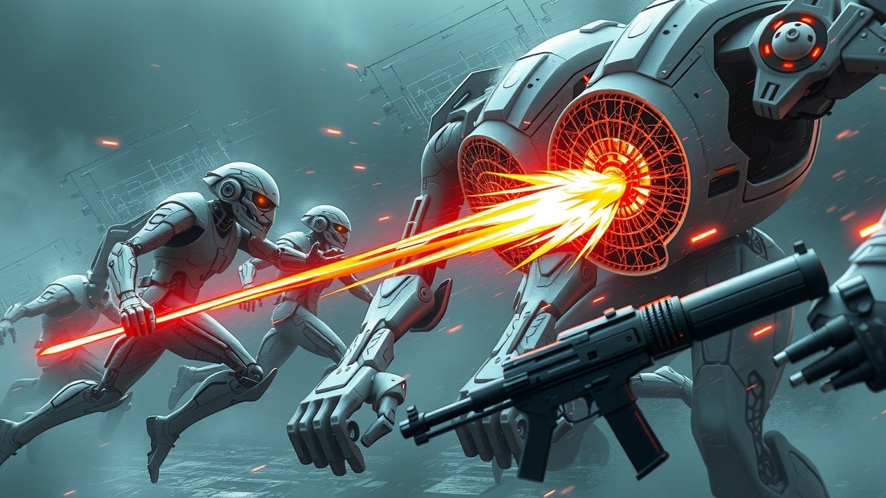 Futuristic Battleground with Humanoid Robots and Lasers