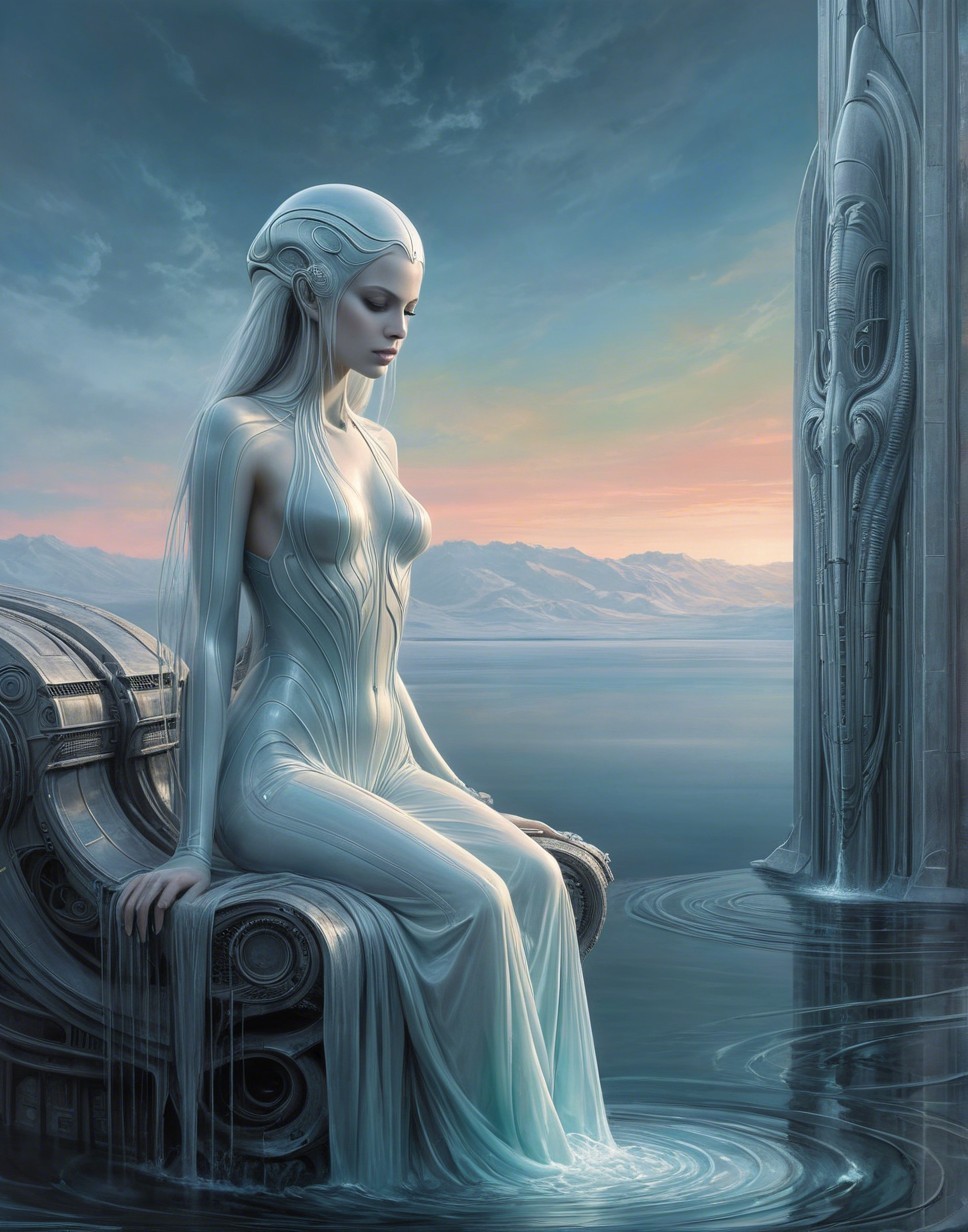 Futuristic figure on a throne in tranquil water landscape