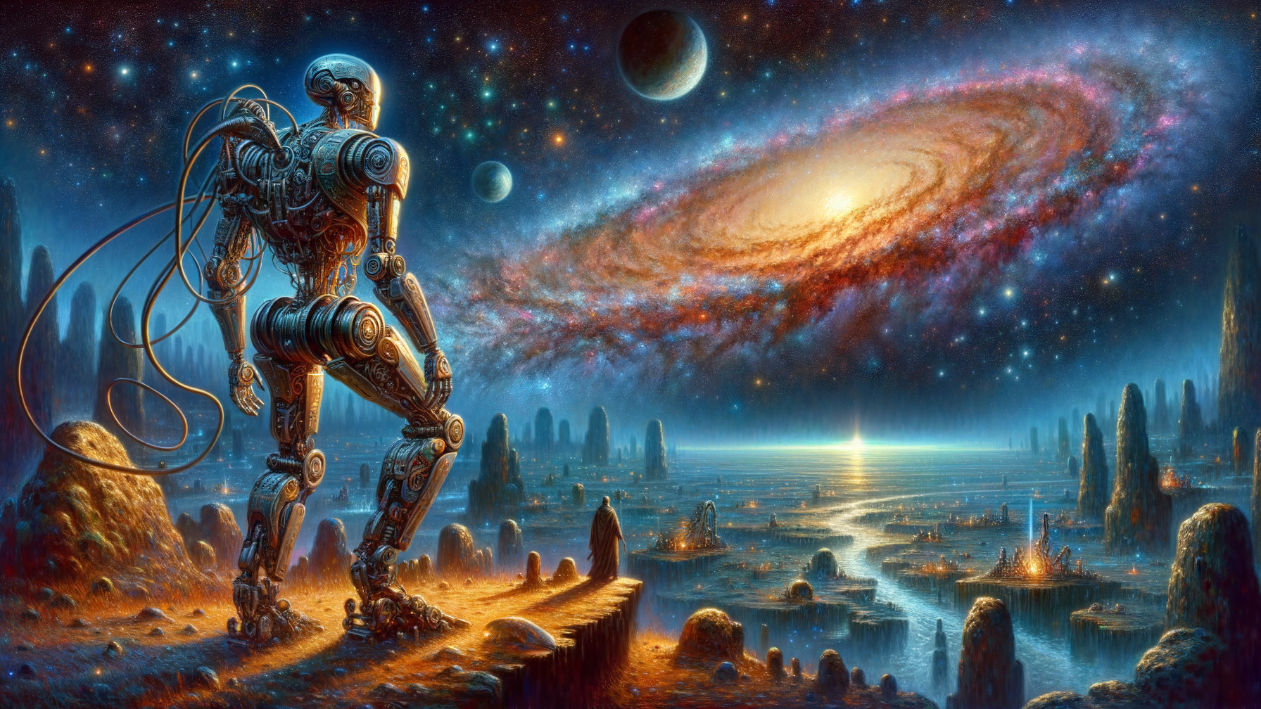 Futuristic Robot Overlooking a Cosmic Landscape