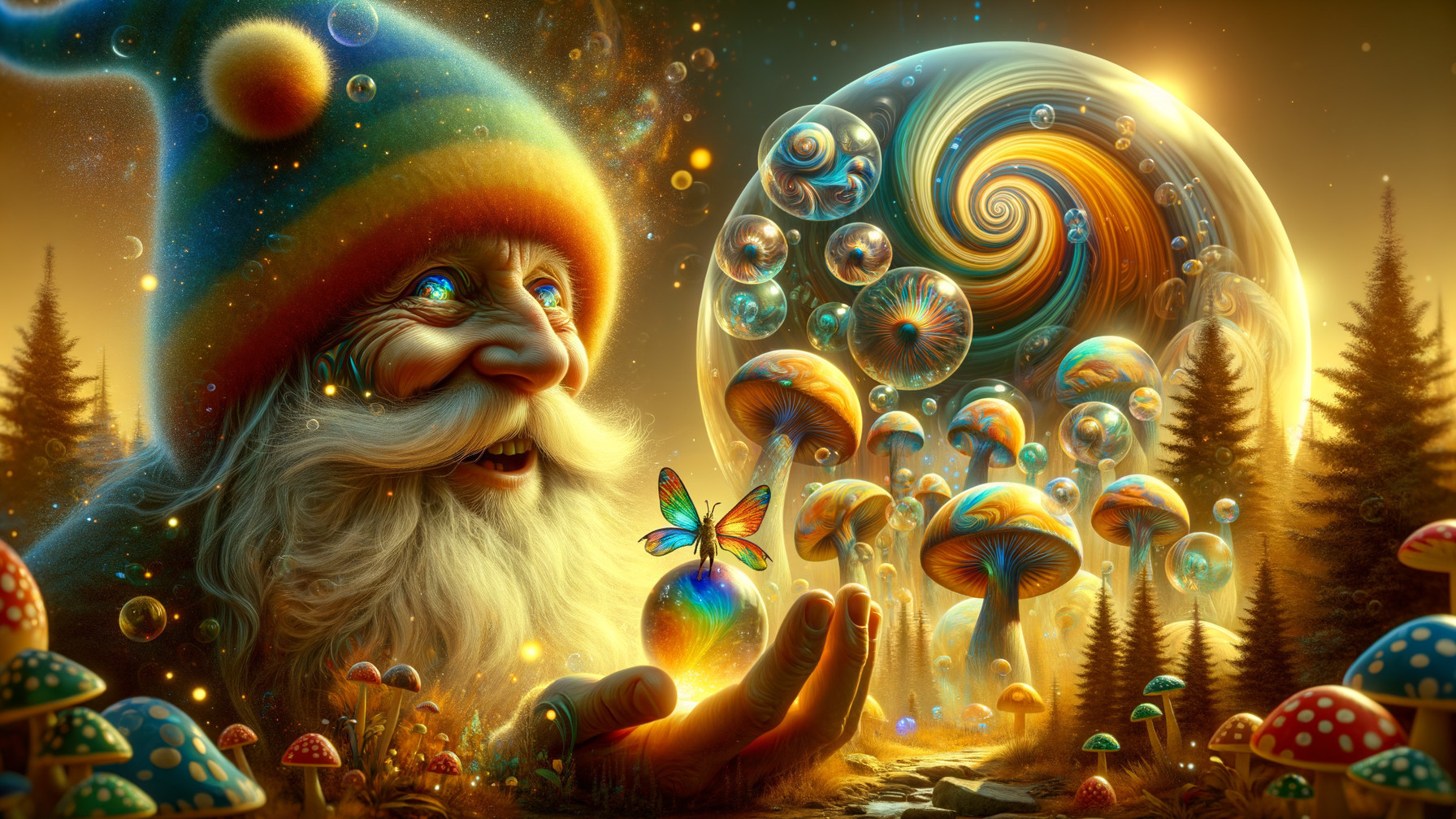 Cheerful Gnome with Glowing Orb in Enchanted Landscape