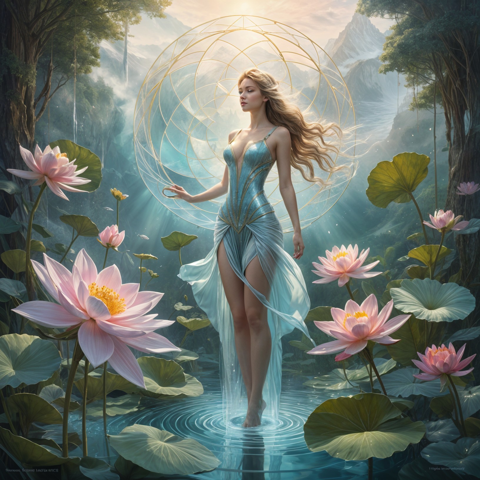 Ethereal Figure in Tranquil Lotus Pool Landscape