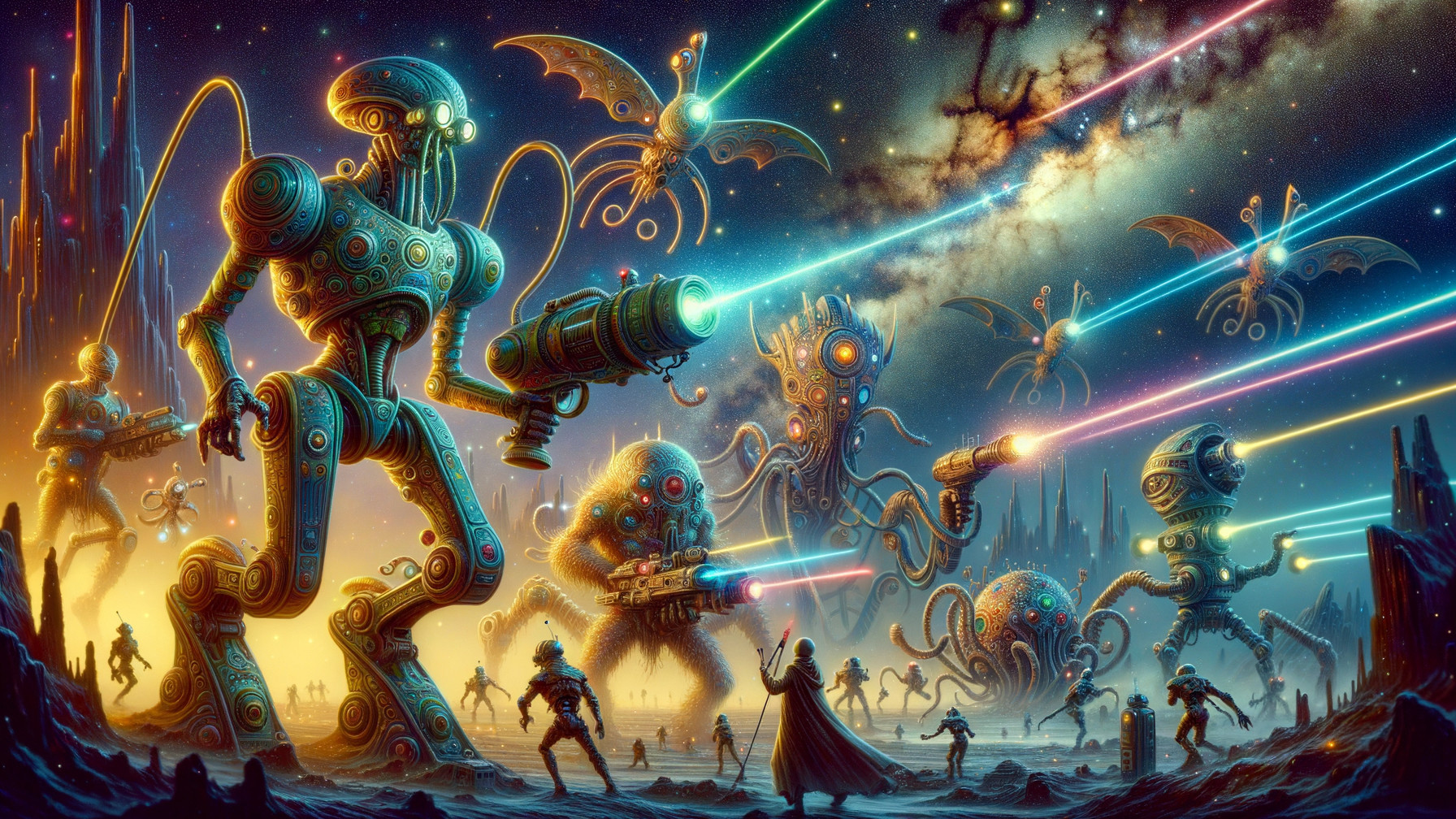 Retro-Futuristic Robots Clash with Extraterrestrial Creatures