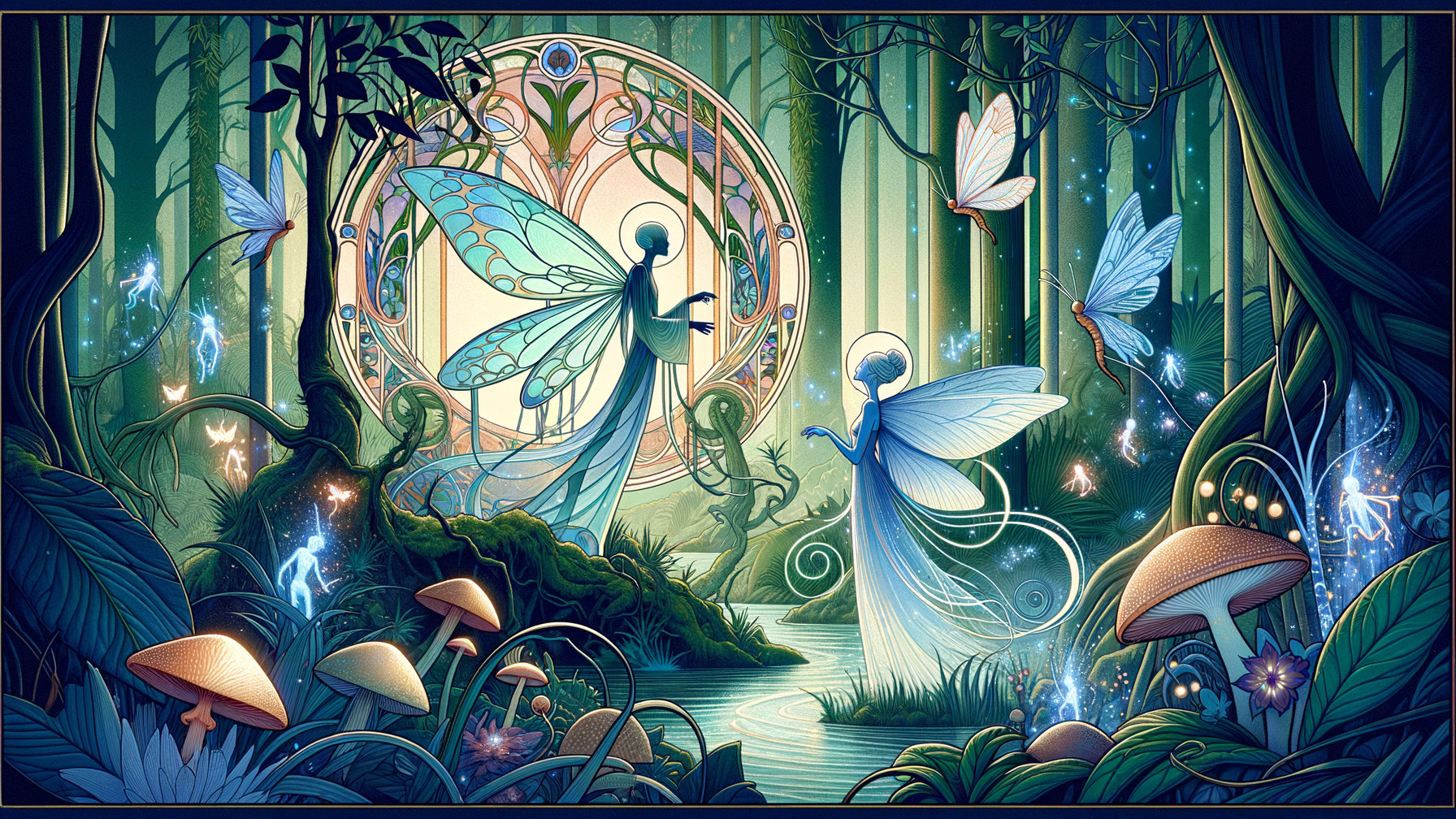 Mystical forest with fairies, glowing flora, and clock