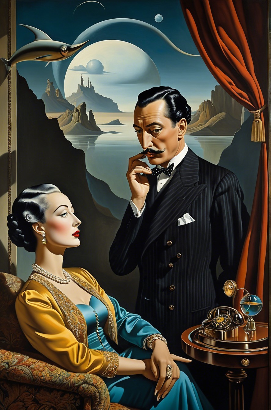 Surreal Vintage Scene with Elegant Couple in Striped Suit