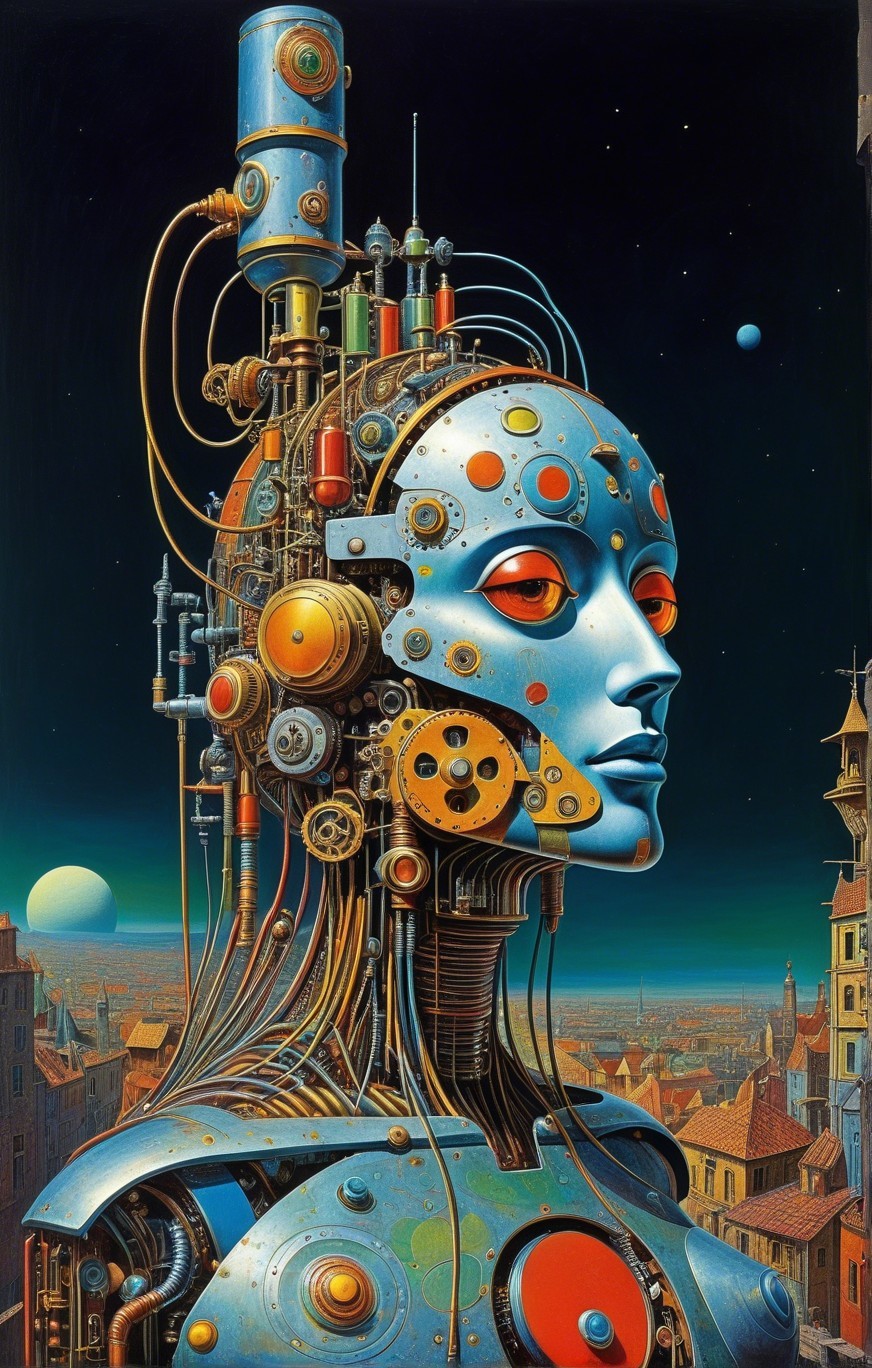 Futuristic robotic head with cityscape backdrop