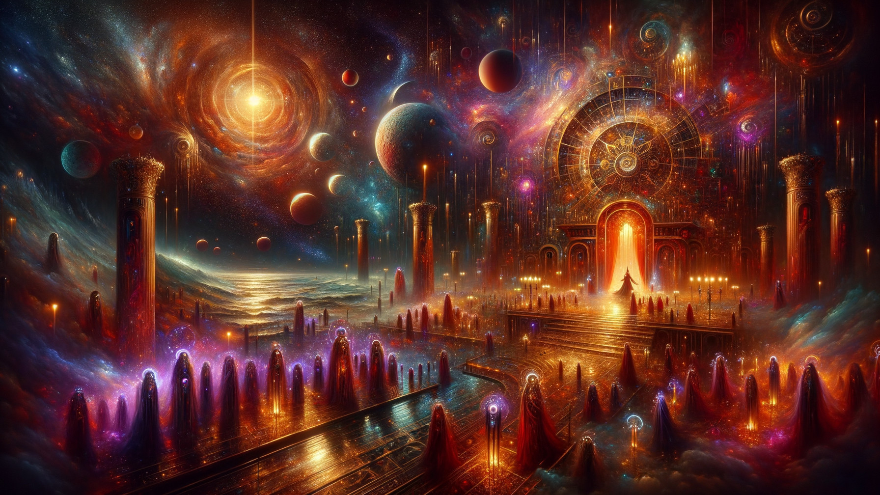 Surreal Cosmic Landscape with Vibrant Colors and Pillars