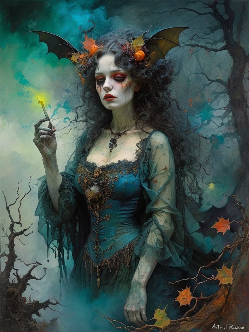 Haunting Figure in Eerie Landscape with Wings and Wand