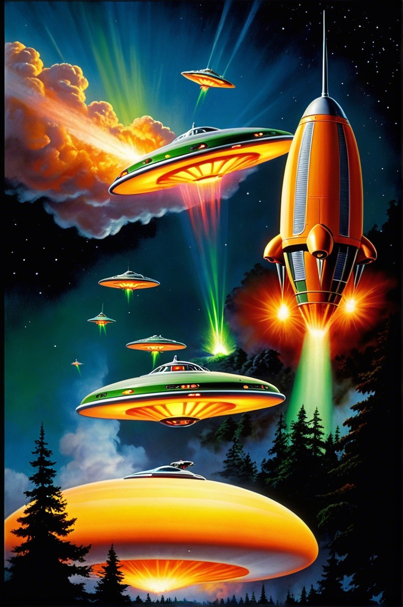 Vibrant Sci-Fi Scene with Rocket Ship and Flying Saucers