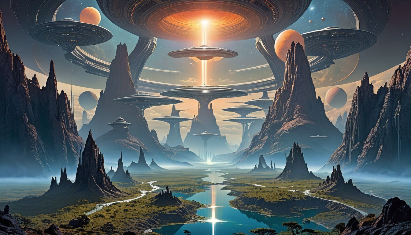 Alien Landscape with Mountains and Celestial Structures