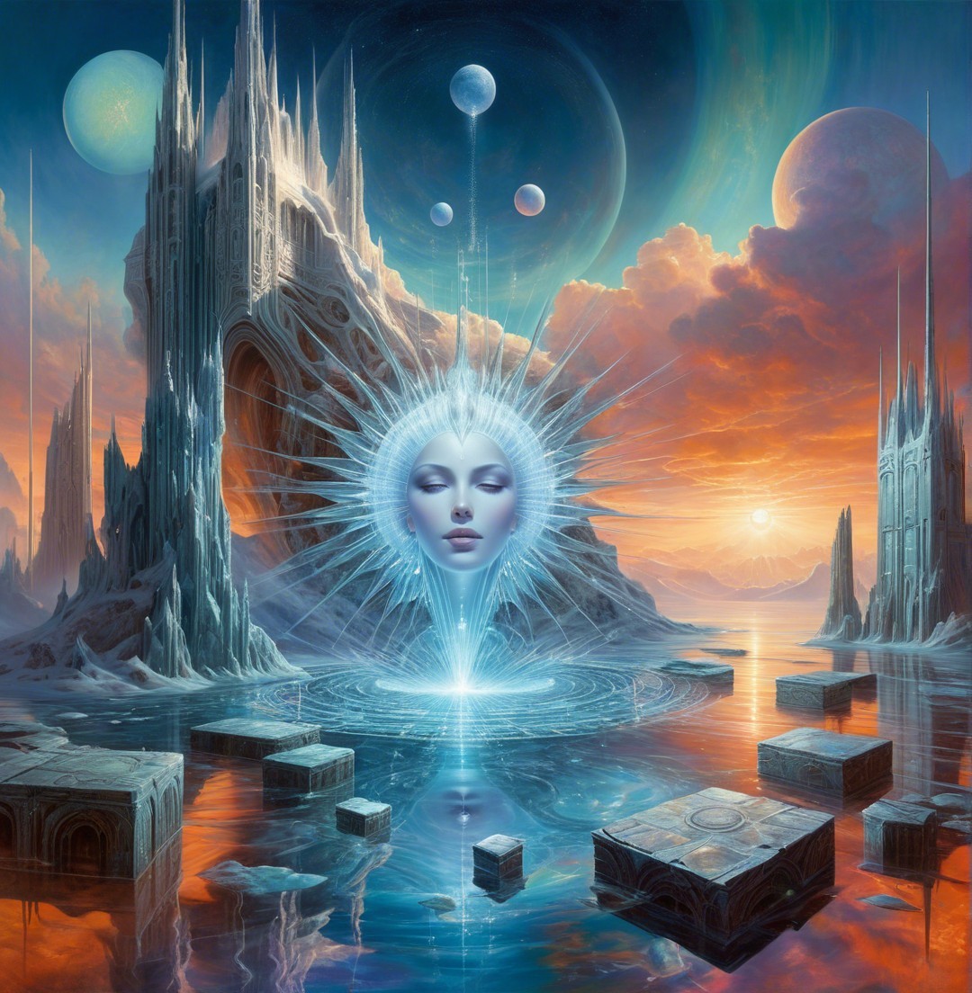 Surreal Landscape with Face and Crystal Structures